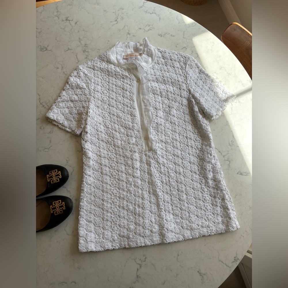 Tory Burch White Lace Short Sleeve Blouse